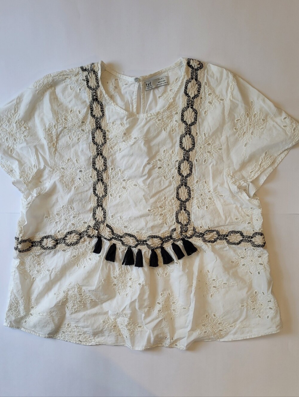 ZARA TRF Boho Embroidered Eyelet Tassel Blouse Top White XL